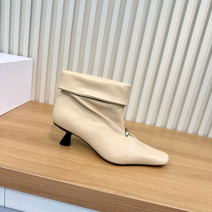 LOEWE 26S SQUARE TOE FOLD OVER ANKLE BOOTS IN LIGHT BEIGE CALFSKIN SILVER HARDWARE