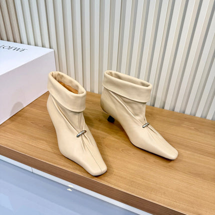LOEWE 26S SQUARE TOE FOLD OVER ANKLE BOOTS IN LIGHT BEIGE CALFSKIN SILVER HARDWARE