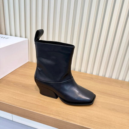 LOEWE 26S SQUARE TOE MID CALF WEDGE BOOTS IN BLACK CALFSKIN