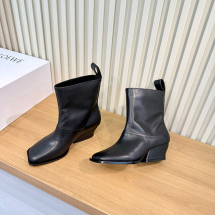 LOEWE 26S SQUARE TOE MID CALF WEDGE BOOTS IN BLACK CALFSKIN
