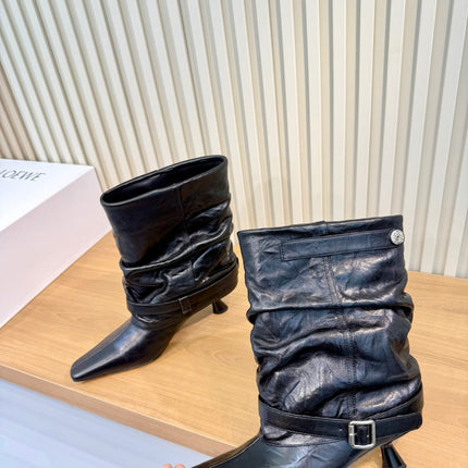 LOEWE 26S SLOUCHY MID CALF BOOTS IN BLACK CALFSKIN SILVER HARDWARE