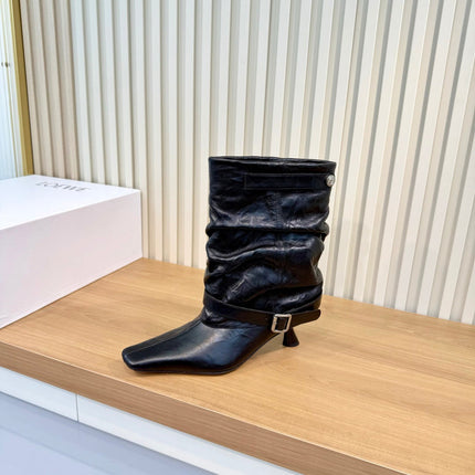 LOEWE 26S SLOUCHY MID CALF BOOTS IN BLACK CALFSKIN SILVER HARDWARE