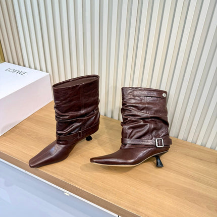LOEWE 26S SLOUCHY MID CALF BOOTS IN BURGUNDY RED CALFSKIN SILVER HARDWARE