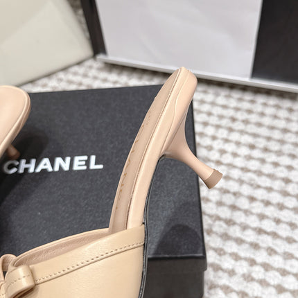 CHANEL 26S SQUARE TOE HIGH HEEL SANDALS IN BEIGE CALFSKIN