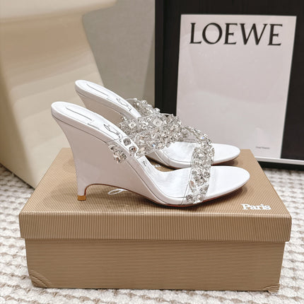 CHRISTIAN LOUBOUTIN 26S HEEL SANDALS 100 MM IN WHITE RHINESTONE-EMBELLISHED CALFSKIN AND PVC