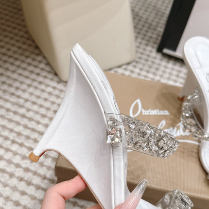 CHRISTIAN LOUBOUTIN 26S HEEL SANDALS 100 MM IN WHITE RHINESTONE-EMBELLISHED CALFSKIN AND PVC