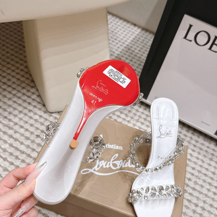 CHRISTIAN LOUBOUTIN 26S HEEL SANDALS 100 MM IN WHITE RHINESTONE-EMBELLISHED CALFSKIN AND PVC