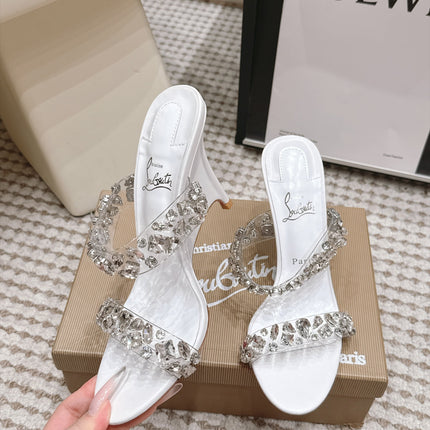 CHRISTIAN LOUBOUTIN 26S HEEL SANDALS 100 MM IN WHITE RHINESTONE-EMBELLISHED CALFSKIN AND PVC