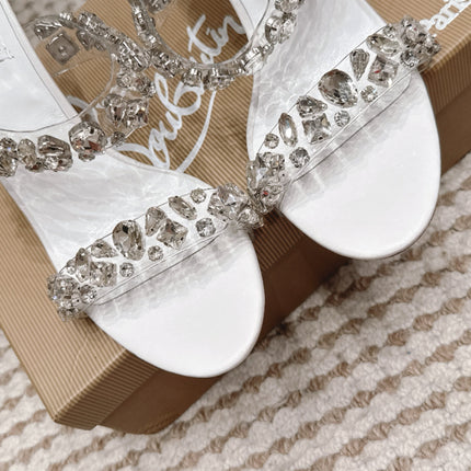 CHRISTIAN LOUBOUTIN 26S HEEL SANDALS 100 MM IN WHITE RHINESTONE-EMBELLISHED CALFSKIN AND PVC