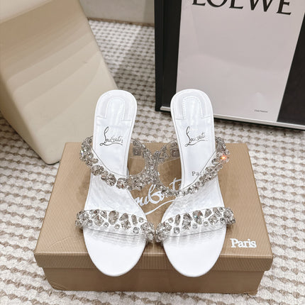 CHRISTIAN LOUBOUTIN 26S HEEL SANDALS 100 MM IN WHITE RHINESTONE-EMBELLISHED CALFSKIN AND PVC