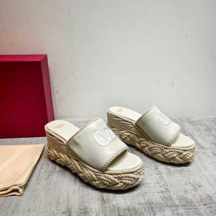 VALENTINO 26S WEDGE SLIDE SANDALS 110MM IN IVORY WHITE CALFSKIN WITH BRAIDED ROPE PLATFORM