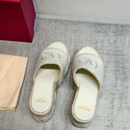 VALENTINO 26S WEDGE SLIDE SANDALS 110MM IN IVORY WHITE CALFSKIN WITH BRAIDED ROPE PLATFORM