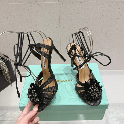 AQUAZZURA 26S HIGH-HEEL SANDALS 100 MM IN BLACK WOVEN RAFFIA