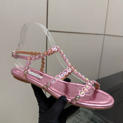 AQUAZZURA 26S FLAT SANDALS IN METALLIC PINK LAMBSKIN CRYSTAL-EMBELLISHED