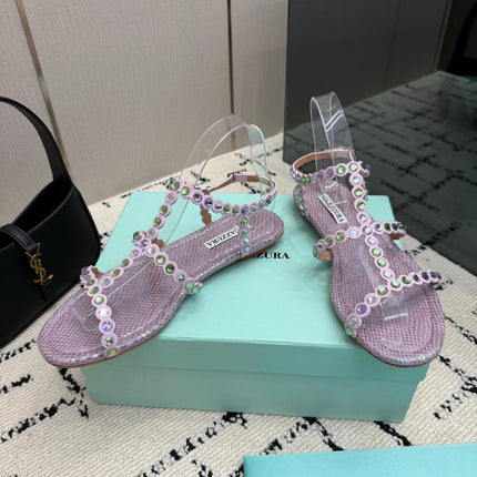 AQUAZZURA 26S FLAT SANDALS IN LIGHT PURPLE SNAKESKIN CRYSTAL-EMBELLISHED