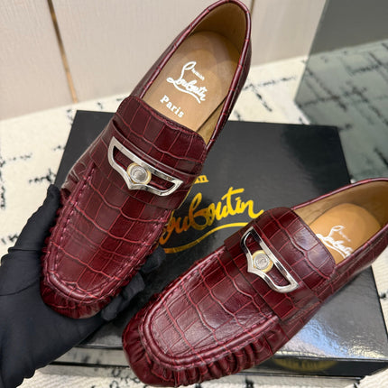 CHRISTIAN LOUBOUTIN 26S LOAFERS IN DARK RED CROCODILE-EMBOSSED CALFSKIN