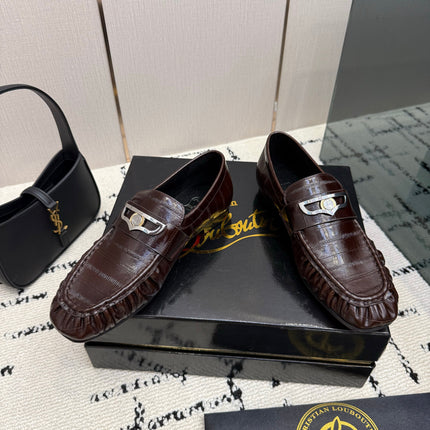 CHRISTIAN LOUBOUTIN 26S LOAFERS IN CHOCOLATE BROWN SHINY CROCODILE-EMBOSSED CALFSKIN