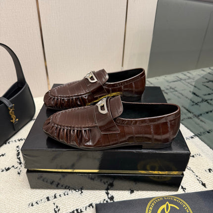 CHRISTIAN LOUBOUTIN 26S LOAFERS IN CHOCOLATE BROWN SHINY CROCODILE-EMBOSSED CALFSKIN