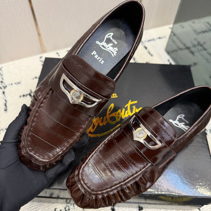 CHRISTIAN LOUBOUTIN 26S LOAFERS IN CHOCOLATE BROWN SHINY CROCODILE-EMBOSSED CALFSKIN