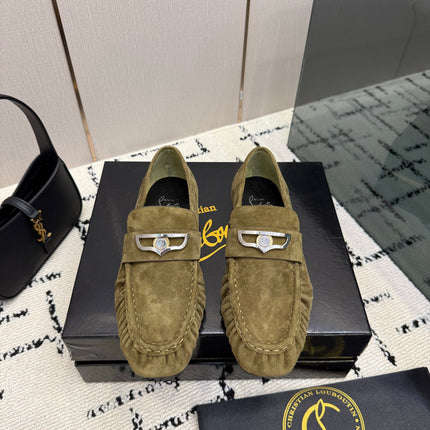 CHRISTIAN LOUBOUTIN 26S LOAFERS IN MOSS GREEN SUEDE