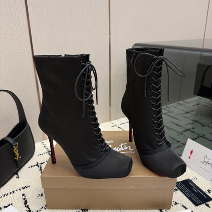 CHRISTIAN LOUBOUTIN 26S LACE-UP HEEL BOOTS 100 MM IN BLACK SATIN