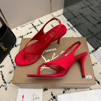 CHRISTIAN LOUBOUTIN 26S THONG SLINGBACK HEELS 85 MM IN RED SATIN