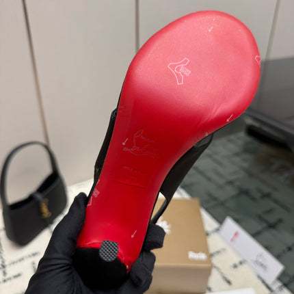 CHRISTIAN LOUBOUTIN 26S THONG SLINGBACK HEELS 85 MM IN BLACK SATIN
