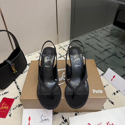 CHRISTIAN LOUBOUTIN 26S THONG SLINGBACK HEELS 85 MM IN BLACK SATIN
