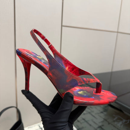 CHRISTIAN LOUBOUTIN 26S THONG SLINGBACK HEELS 85 MM IN RED FLORAL PRINT SATIN