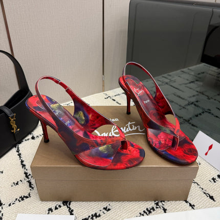 CHRISTIAN LOUBOUTIN 26S THONG SLINGBACK HEELS 85 MM IN RED FLORAL PRINT SATIN