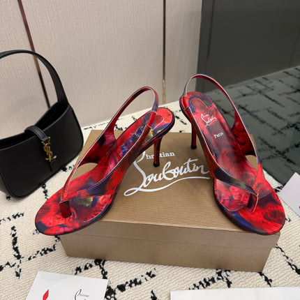 CHRISTIAN LOUBOUTIN 26S THONG SLINGBACK HEELS 85 MM IN RED FLORAL PRINT SATIN