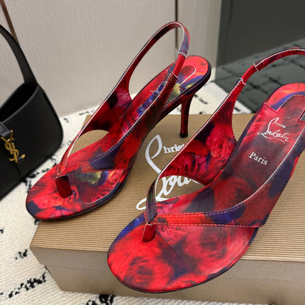 CHRISTIAN LOUBOUTIN 26S THONG SLINGBACK HEELS 85 MM IN RED FLORAL PRINT SATIN
