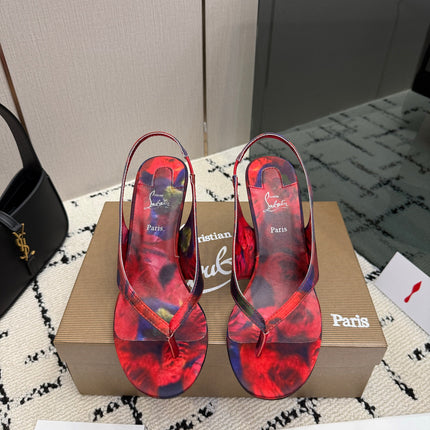 CHRISTIAN LOUBOUTIN 26S THONG SLINGBACK HEELS 85 MM IN RED FLORAL PRINT SATIN