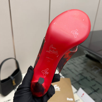 CHRISTIAN LOUBOUTIN 26S THONG SLINGBACK HEELS 85 MM IN RED FLORAL PRINT SATIN