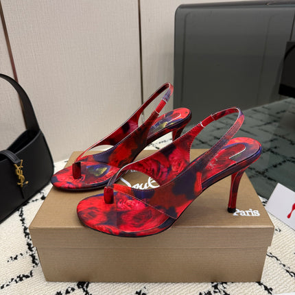 CHRISTIAN LOUBOUTIN 26S THONG SLINGBACK HEELS 85 MM IN RED FLORAL PRINT SATIN