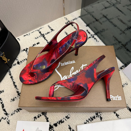 CHRISTIAN LOUBOUTIN 26S THONG SLINGBACK HEELS 85 MM IN RED FLORAL PRINT SATIN