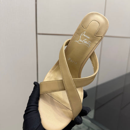CHRISTIAN LOUBOUTIN 26S CROSS-STRAP HIGH HEEL SANDALS 105 MM IN BEIGE CALFSKIN