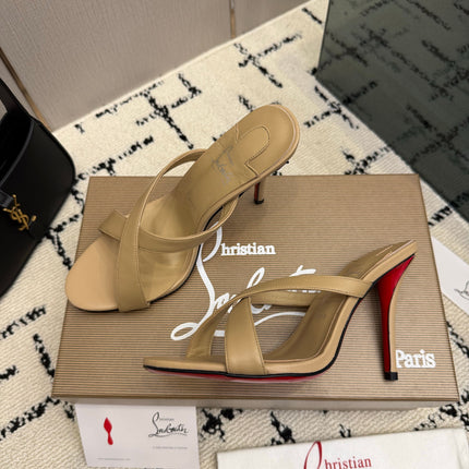 CHRISTIAN LOUBOUTIN 26S CROSS-STRAP HIGH HEEL SANDALS 105 MM IN BEIGE CALFSKIN