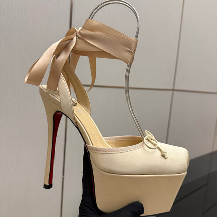 CHRISTIAN LOUBOUTIN 26S HIGH HEELS 145 MM IN BEIGE SATIN