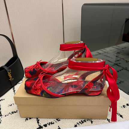 CHRISTIAN LOUBOUTIN 26S FLAT SHOES IN RED FLORAL PRINT SATIN