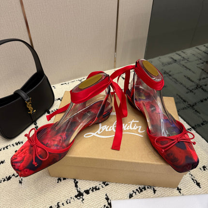 CHRISTIAN LOUBOUTIN 26S FLAT SHOES IN RED FLORAL PRINT SATIN