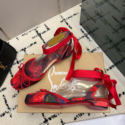 CHRISTIAN LOUBOUTIN 26S FLAT SHOES IN RED FLORAL PRINT SATIN