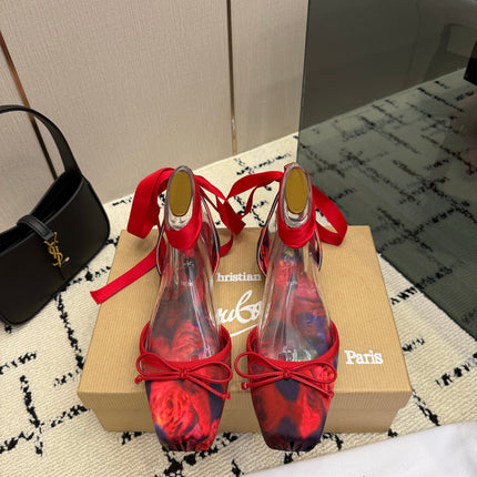 CHRISTIAN LOUBOUTIN 26S FLAT SHOES IN RED FLORAL PRINT SATIN