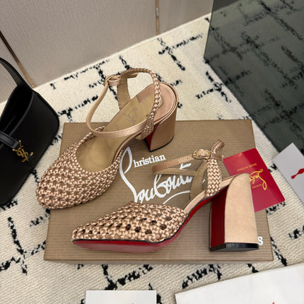 CHRISTIAN LOUBOUTIN 26S HEEL SANDALS 85 MM IN NUDE WOVEN LEATHER