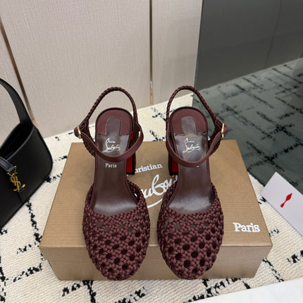 CHRISTIAN LOUBOUTIN 26S HEEL SANDALS 85 MM IN WINE RED WOVEN LEATHER