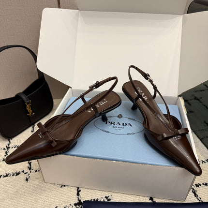 PRADA 26S POINTED TOE SLINGBACK KITTEN HEELS IN BROWN CALFSKIN WITH BOW