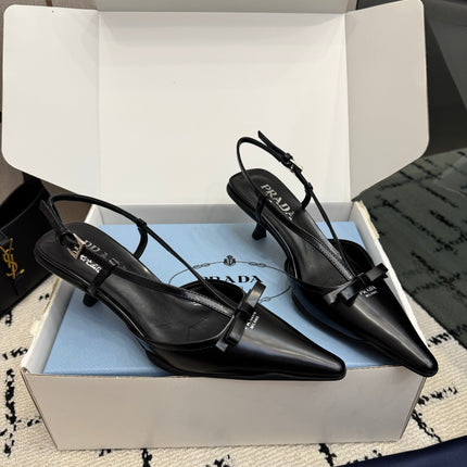 PRADA 26S POINTED TOE SLINGBACK KITTEN HEELS IN BLACK CALFSKIN WITH BOW