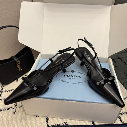 PRADA 26S POINTED TOE SLINGBACK KITTEN HEELS IN BLACK CALFSKIN WITH BOW