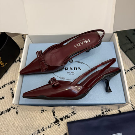 PRADA 26S BUCKLE STRAP SLINGBACK PUMPS IN DARK RED CALFSKIN WITH BOW