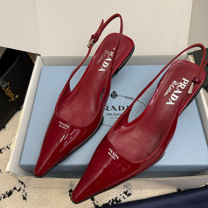 PRADA 26S BUCKLE STRAP SLINGBACK PUMPS IN DARK RED PATENT CALFSKIN